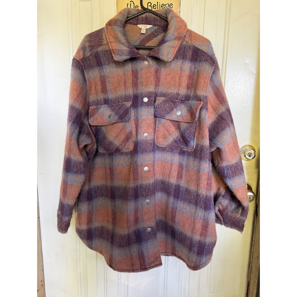 Terra & Sky Womens Plus 3X Purple Orange Plaid Snap Front Shacket Shirt Jacket
